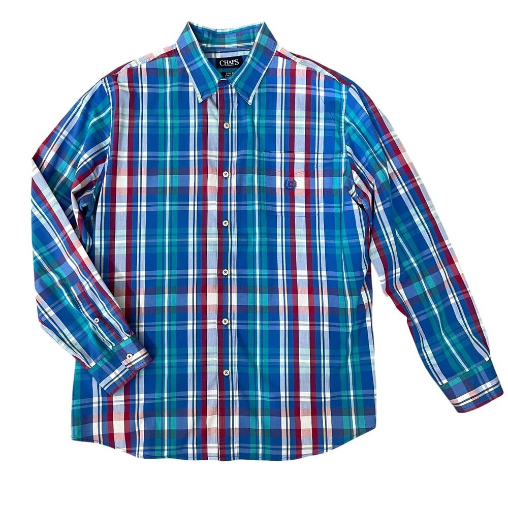 Chaps Men's Shirt Button Down Size XL Blue Green Plaid Easy Care Long Sleeve